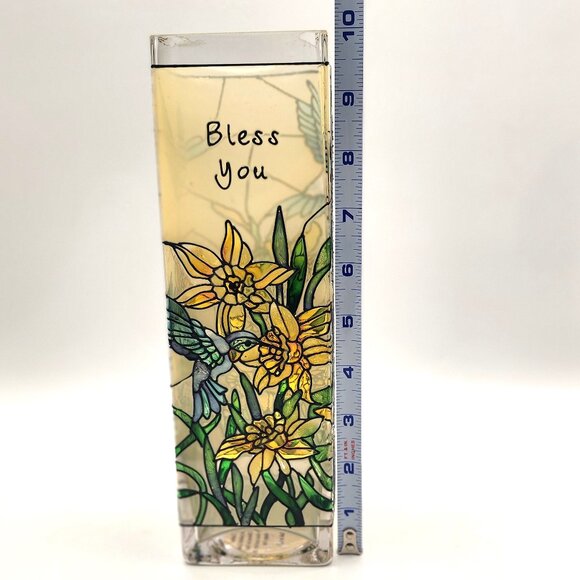 Joan Baker Hand Painted Glass Vase  ~Bless You  ~Hummingbirds and Daffodils 10" - Picture 6 of 7